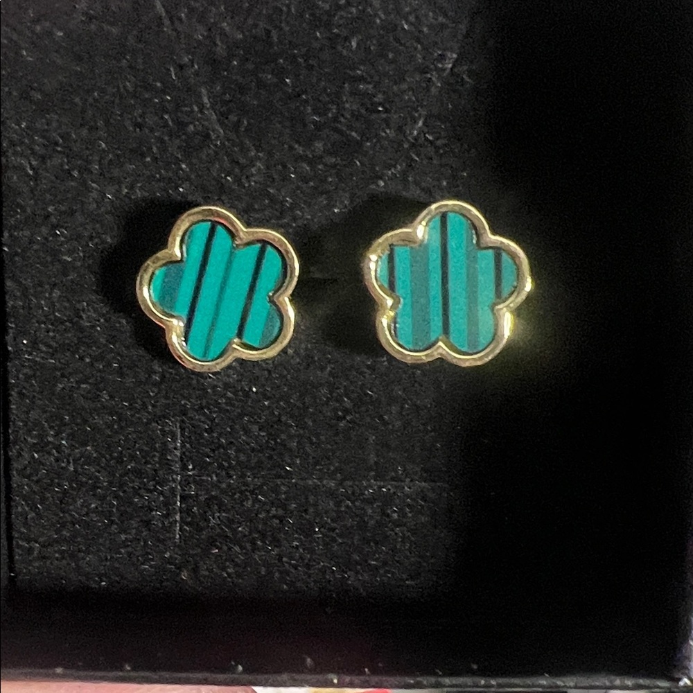 Gold Clover Stud Earrings with Teal Striped Inlay